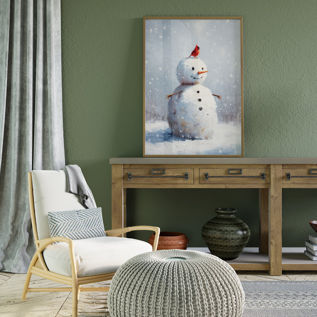 Impressionist Winter Painting Of A Happy Snowman Adorned With A Bright Red Cardinal Bird Against A Snowy Backdrop