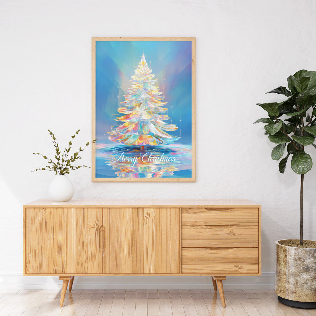 Luminous Abstract Christmas Tree Art Rendered In Faceted Crystal And Rainbow Colors Against A Sparkling Blue Radiating Background