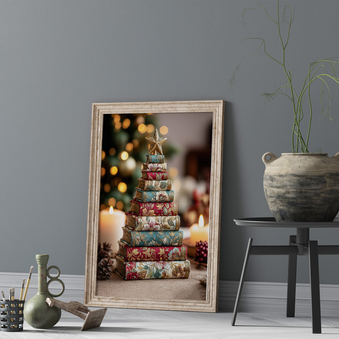 Creative Holiday Decoration: Stack Of Vintage Books Piled Into A Christmas Tree Topped With A Gold Star