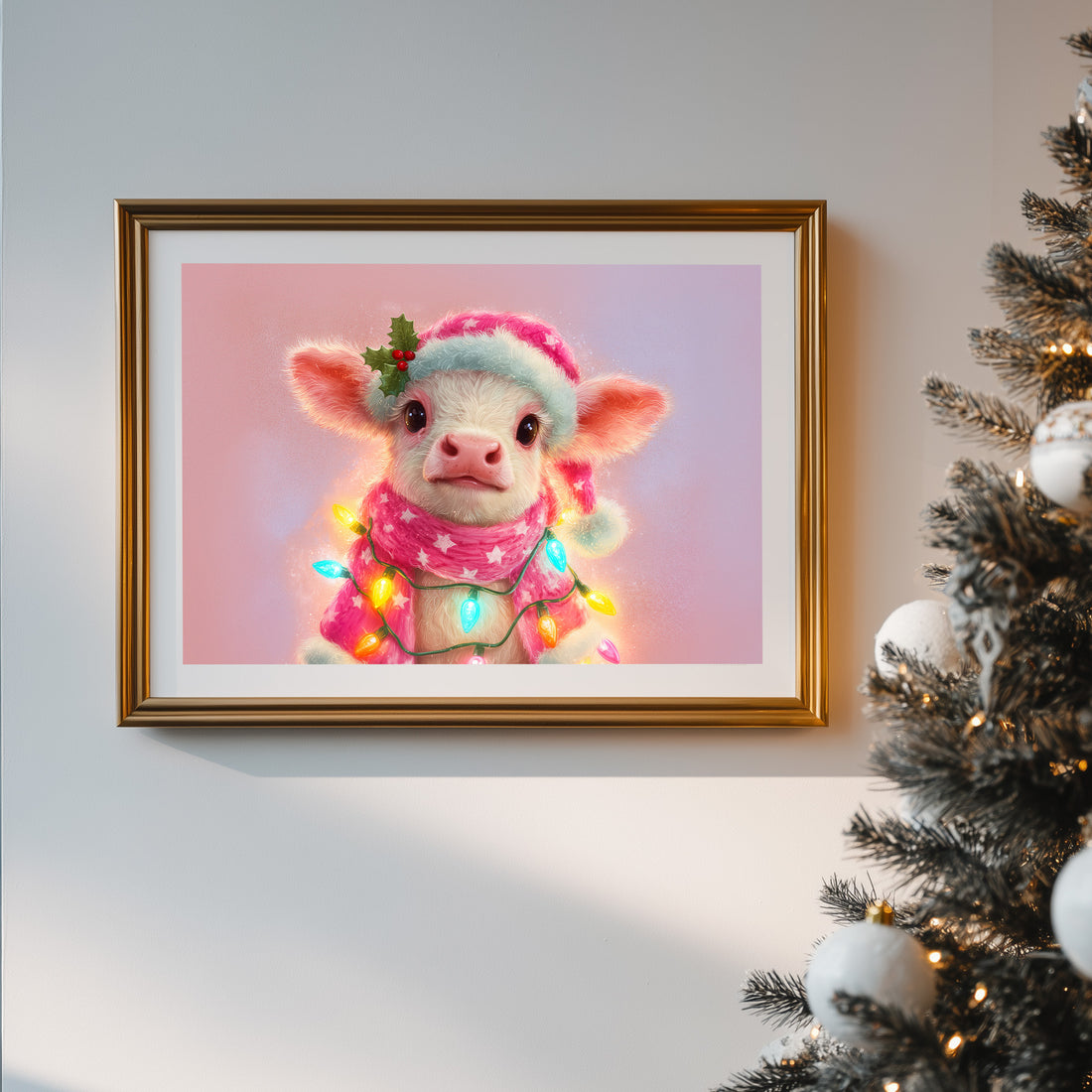 Cute Christmas Baby Cow Art, Festive Calf in Santa Hat & Scarf, Holiday Lights Nursery Print, Adorable Winter Farm Animal Wall Decor