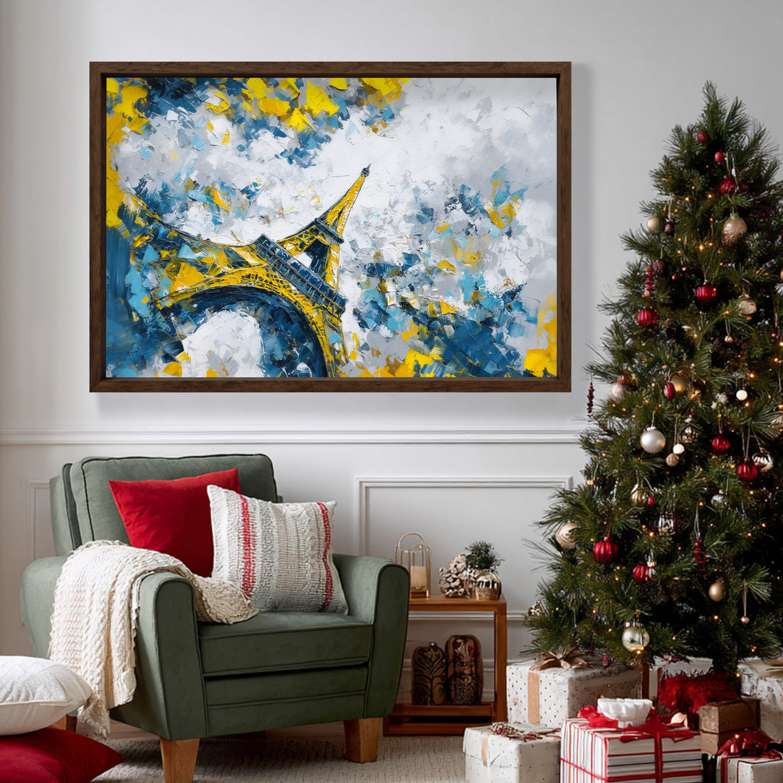 Modern Abstract Eiffel Tower Paris Oil Painting Vibrant Blue And Yellow Textured Wall Art