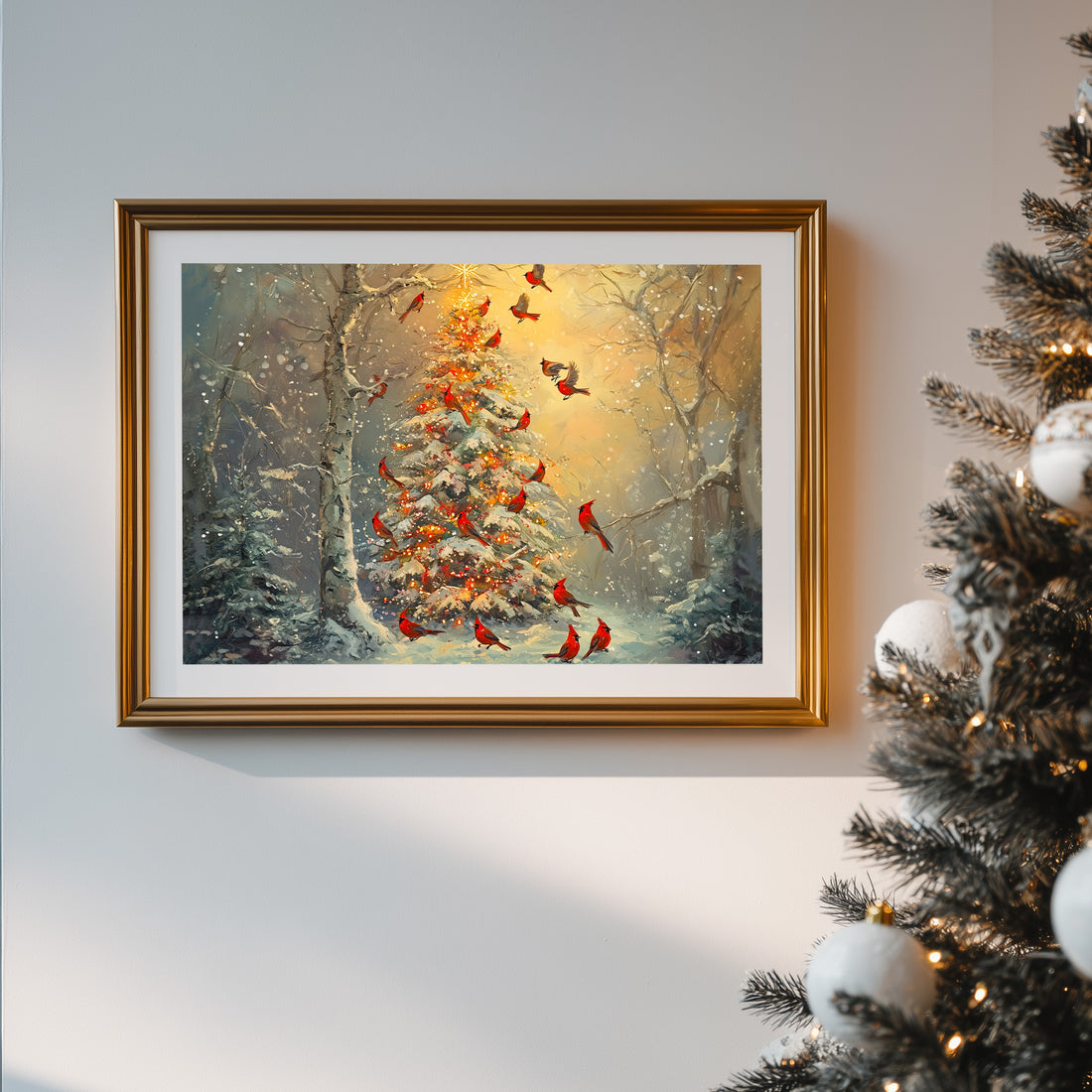 Magical Snowy Christmas Tree In Winter Forest Decorated With Vibrant Red Cardinal Birds