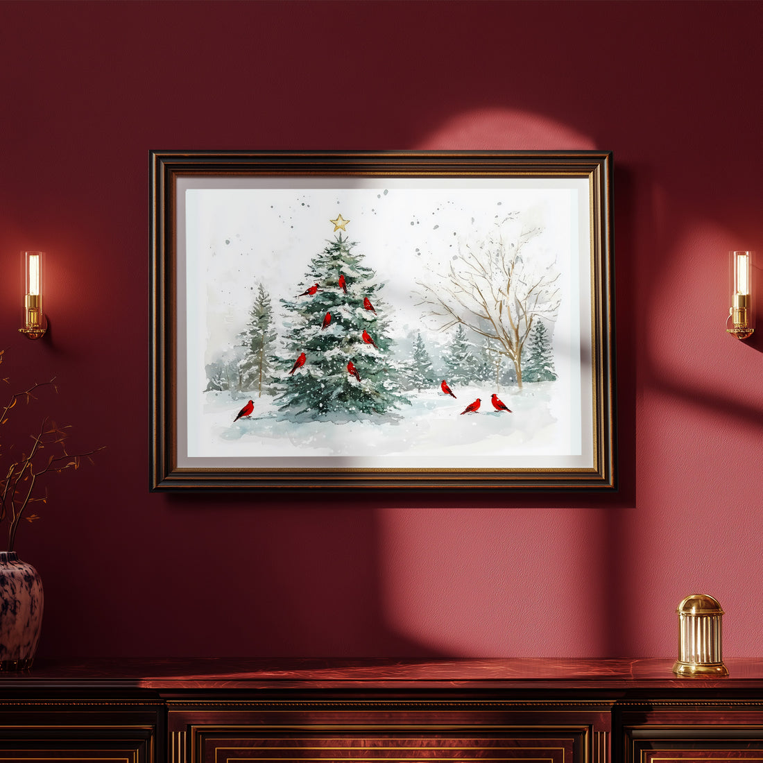 Elegant Watercolor Illustration Of A Snowy Christmas Tree Featuring Vibrant Red Cardinal Birds