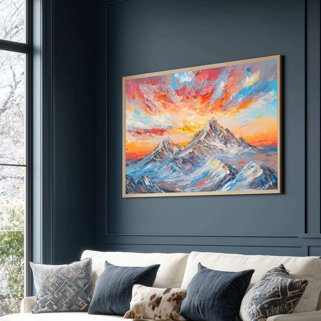 Vibrant Impasto Oil Painting Of Snowy Mountain Peaks Under A Dramatic Colorful Sunset Sky