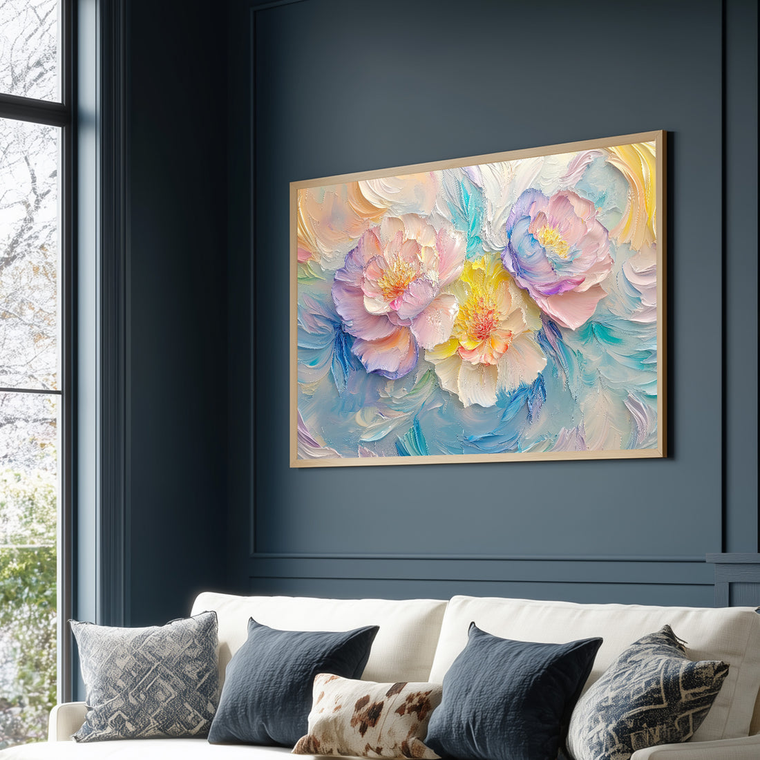 Soft Pastel Impasto Oil Painting Of Three Blooming Peonies With Heavy Palette Knife Texture