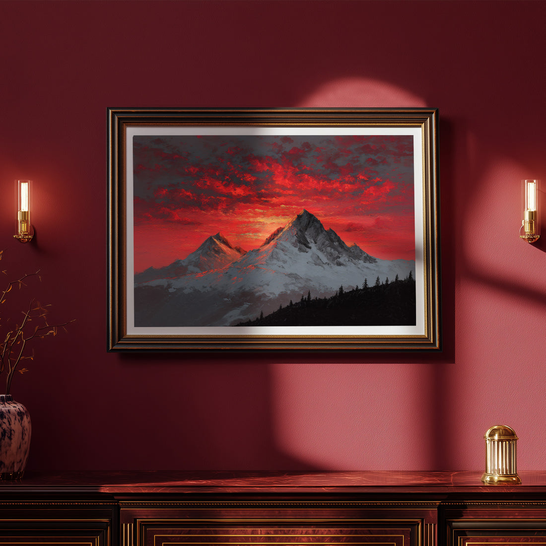 Dramatic Oil Painting Of Snowy Mountain Peaks Under A Fiery Red Sunset Sky