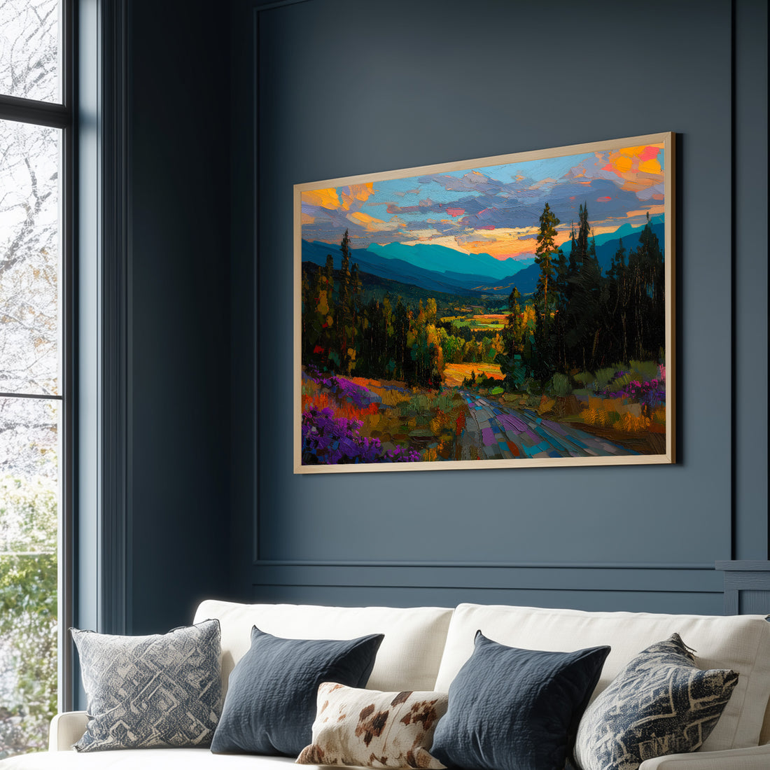 Vibrant Impasto Oil Painting Of A Scenic Mountain Valley Path With Pine Trees