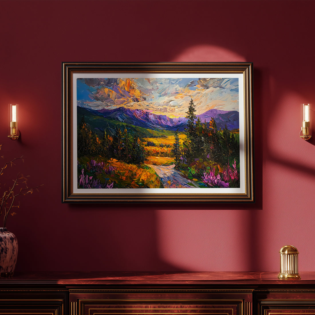 Vibrant Impasto Oil Painting Of A Scenic Mountain Valley And Winding Road