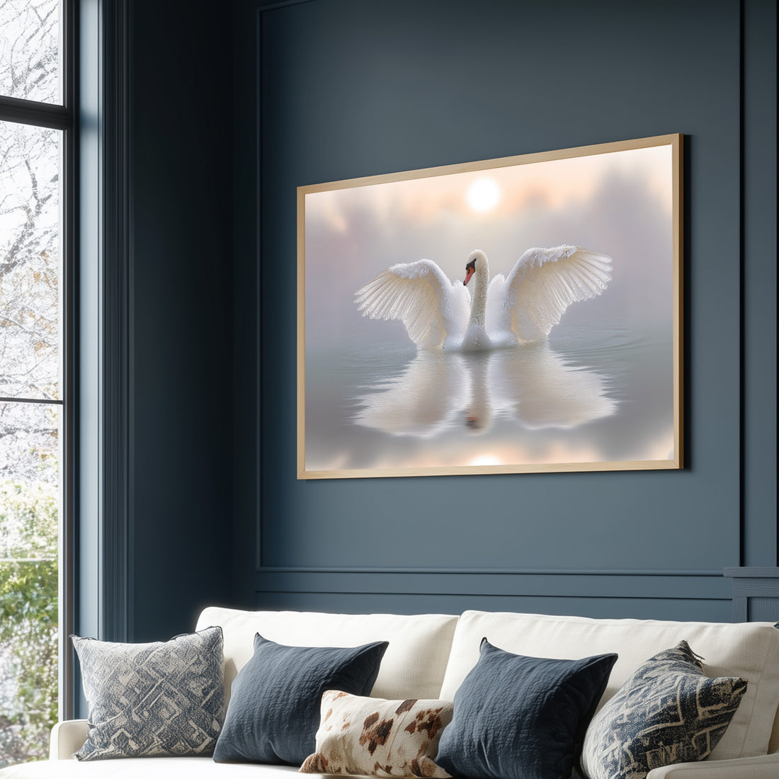 Elegant White Swan With Spread Wings And Reflection On Calm Misty Water At Sunset