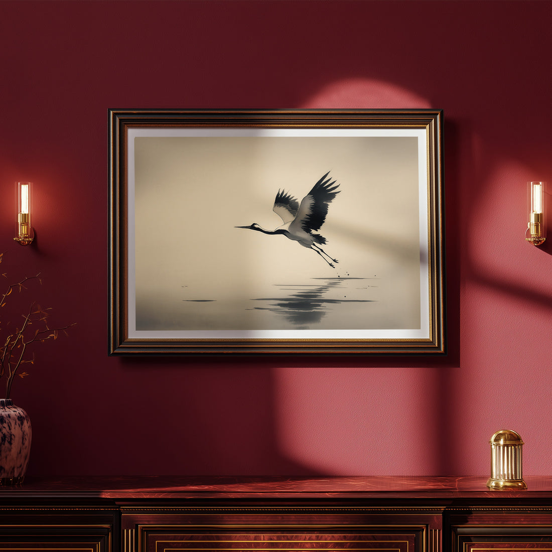 Elegant Minimalist Crane Bird Flying Over Calm Water Zen Style Ink Wash Wall Art