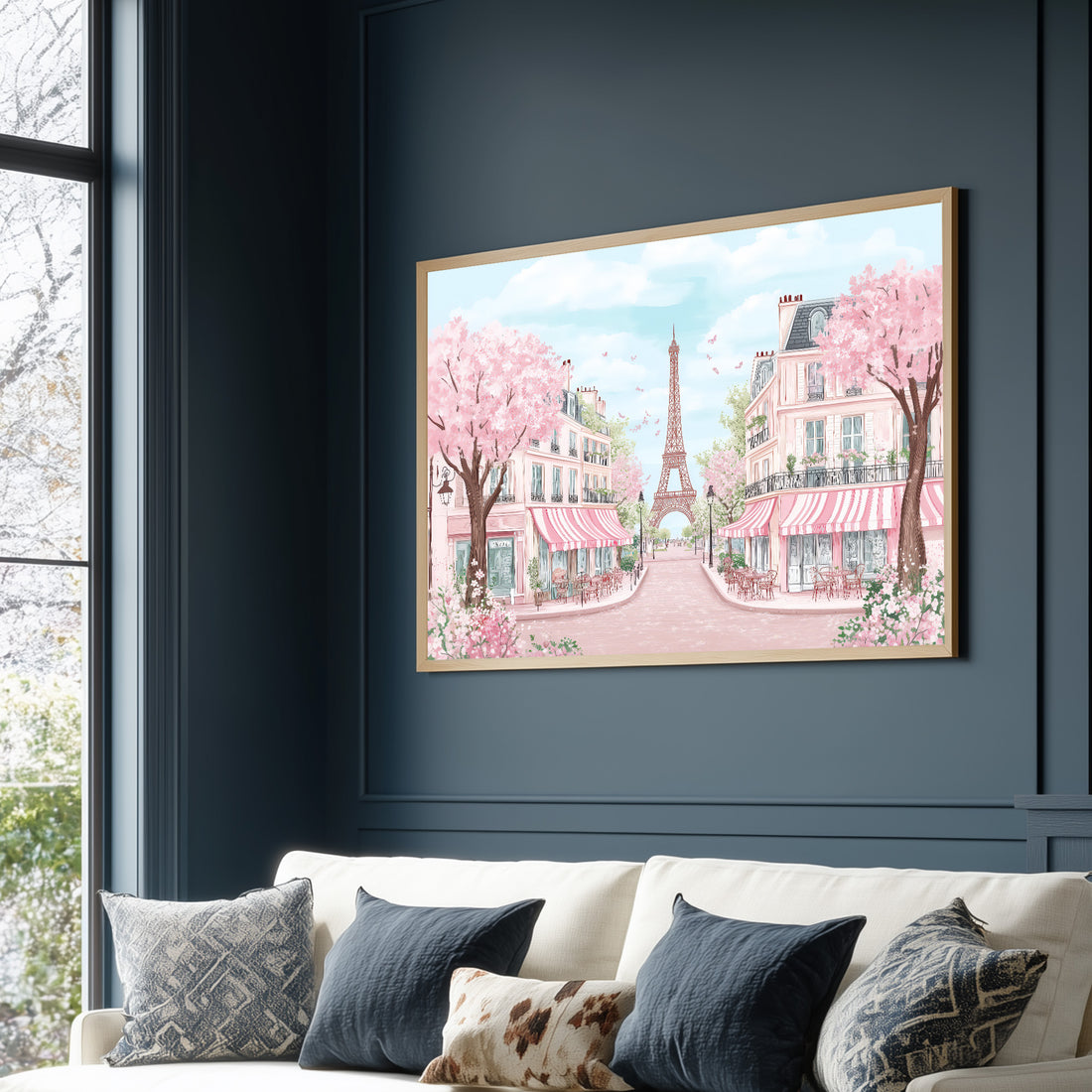 Romantic Pink Paris Cafe Scene With Eiffel Tower And Sakura Trees Watercolor Illustration