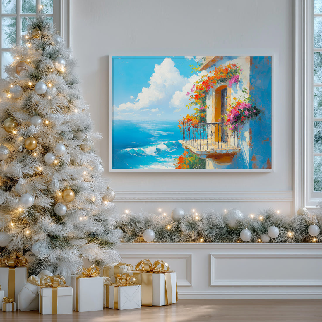 Vibrant Impasto Oil Painting Of Mediterranean Balcony With Colorful Flowers Overlooking Blue Ocean