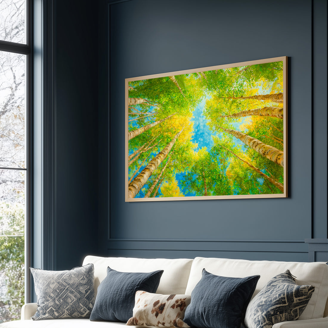 Stunning Low Angle Watercolor Painting Of Birch Tree Forest Under A Bright Blue Sky