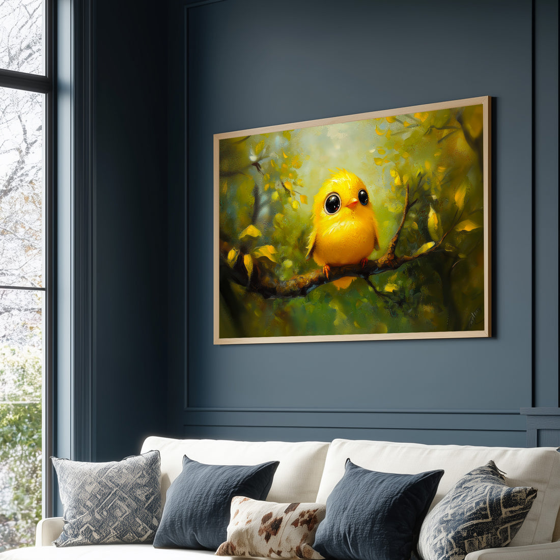 Cute Tiny Yellow Bird Sitting On A Branch Whimsical Forest Oil Painting Art