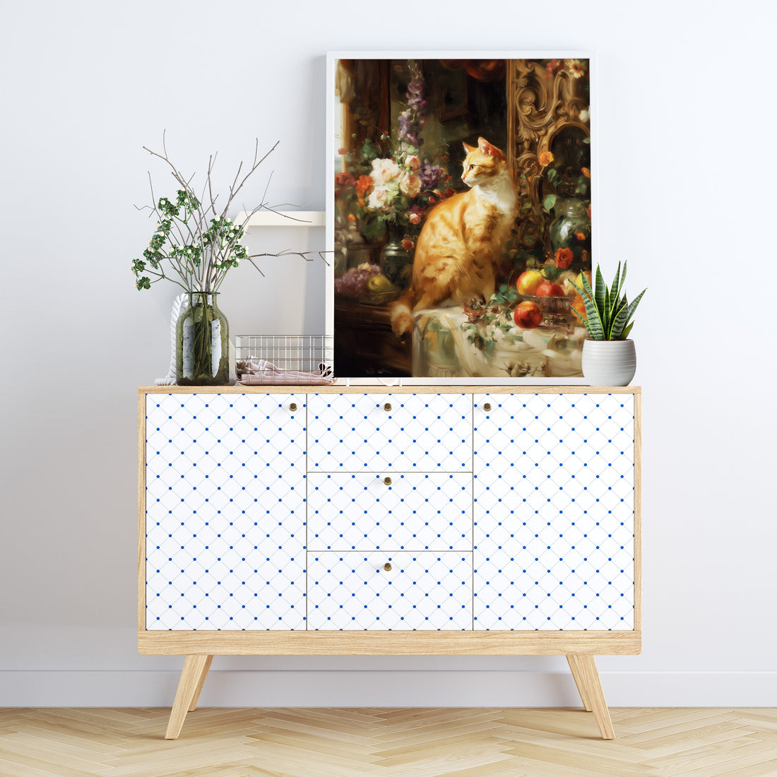 Classical Oil Painting Of A Ginger Cat With Vintage Floral Still Life And Fruits