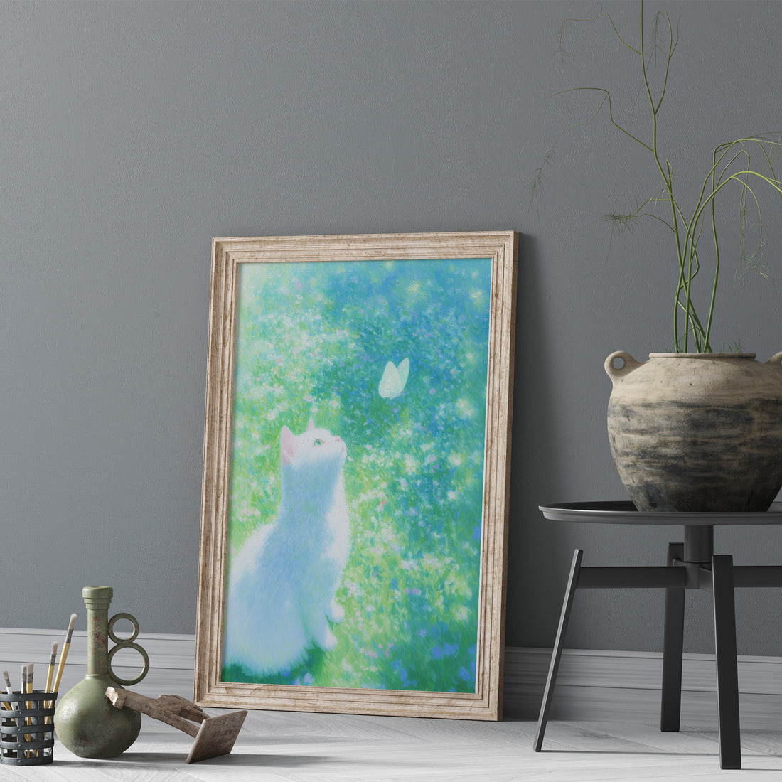 Ethereal White Cat Watching A Butterfly In A Sunlit Meadow Dreamy Digital Art Print