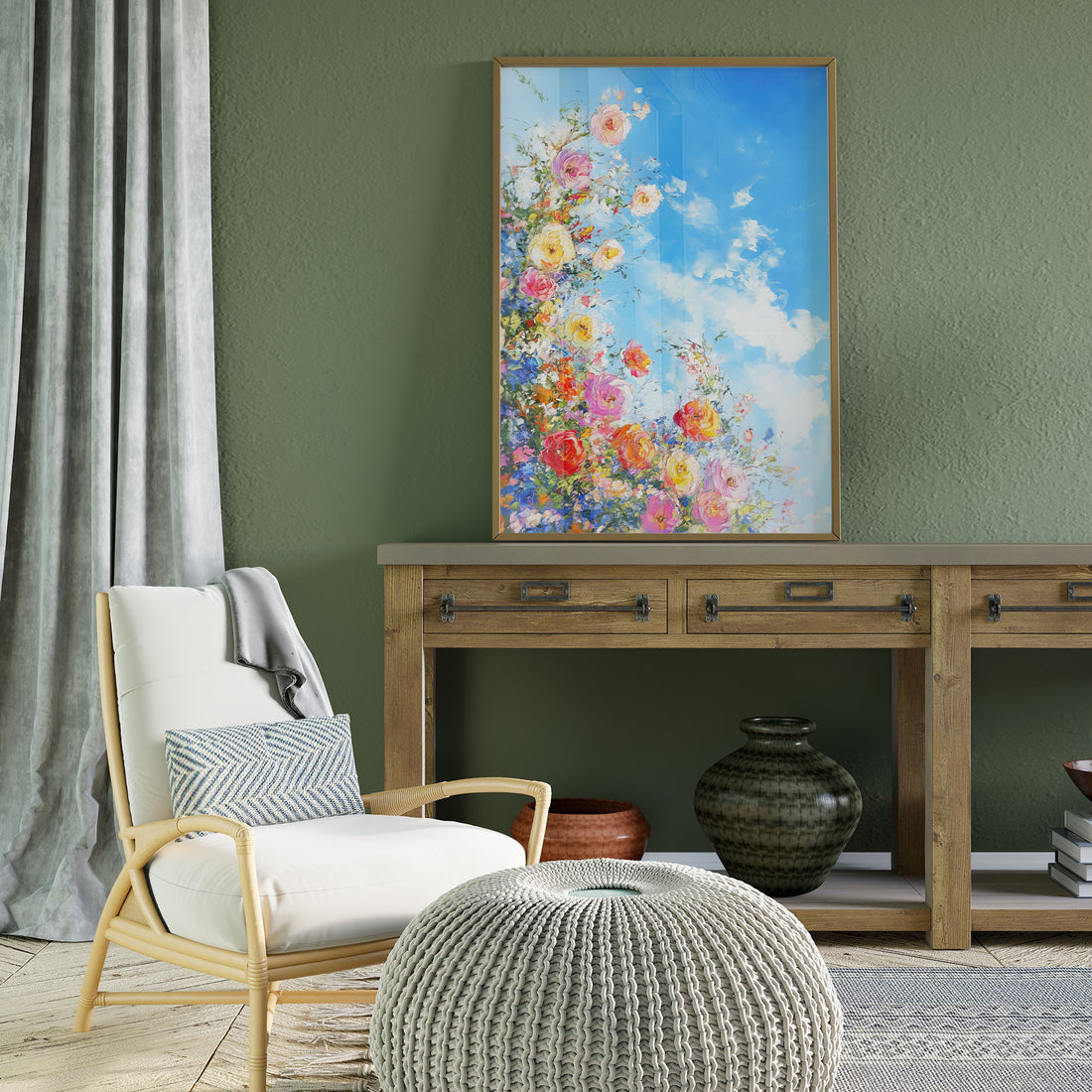 Vibrant Impasto Oil Painting Of Colorful Roses Under A Bright Blue Summer Sky