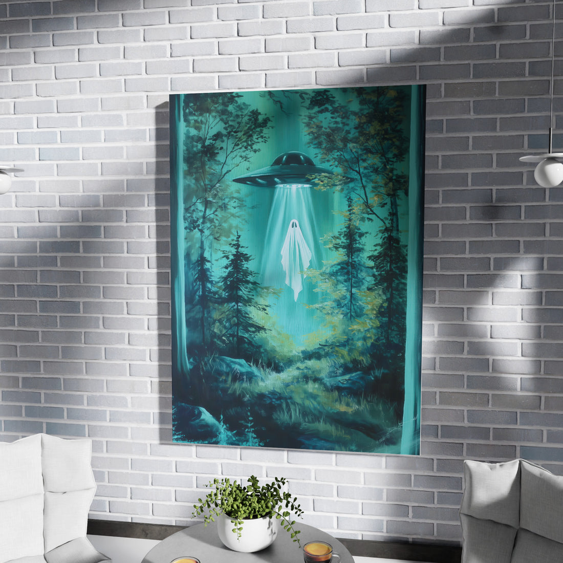 Spooky Surreal UFO Abducting A Ghost In A Dark Emerald Forest Oil Painting Art