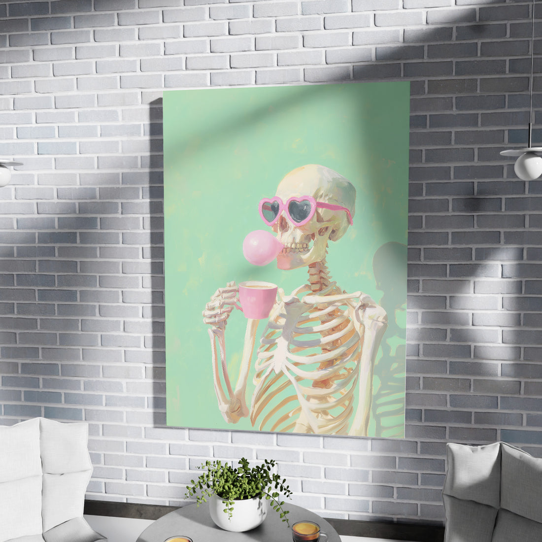 Funny Skeleton Wearing Heart Sunglasses Blowing Bubble Gum And Drinking Coffee Wall Art