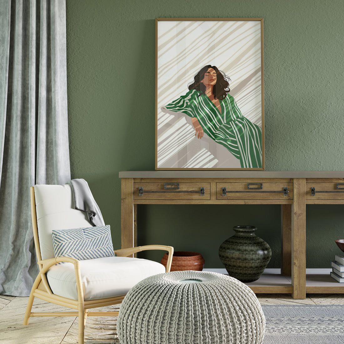 Minimalist Illustration Of Woman In Green Striped Dress Under Dappled Sunlight Wall Art