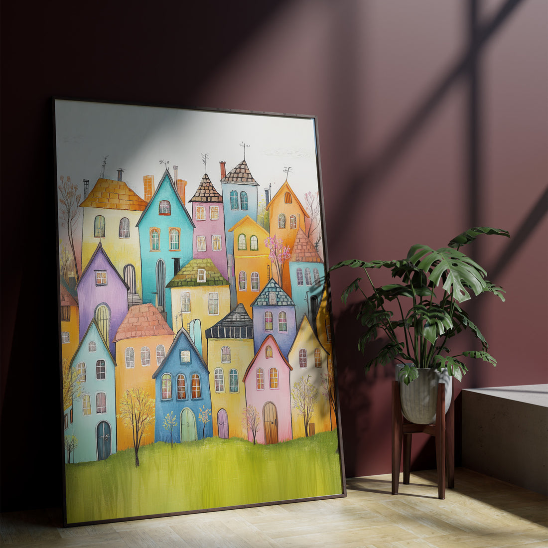 Whimsical Colorful Village Houses Illustration Vibrant Fairy Tale Town Wall Art
