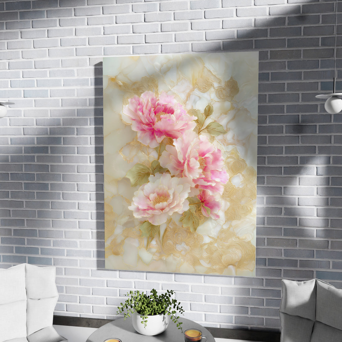 Luxury Pink Peony Flowers On Beige Marble Background Elegant Floral Oil Painting Wall Art