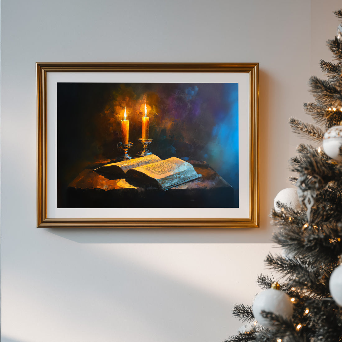 Dramatic Oil Painting Of Two Glowing Candles And An Open Antique Book Still Life