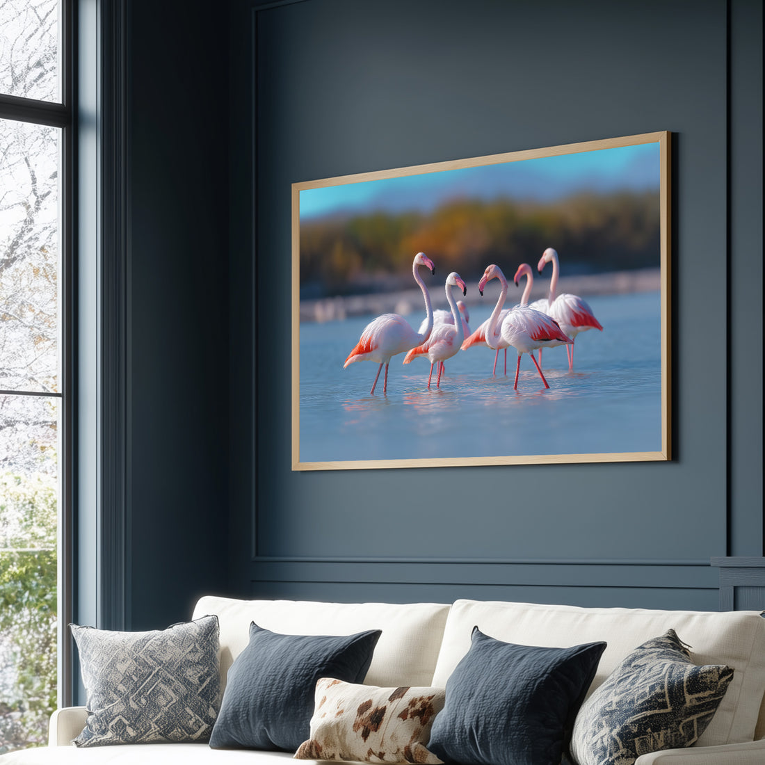 Beautiful Pink Flamingo Flock Standing In Serene Blue Water Nature Photography Wall Art