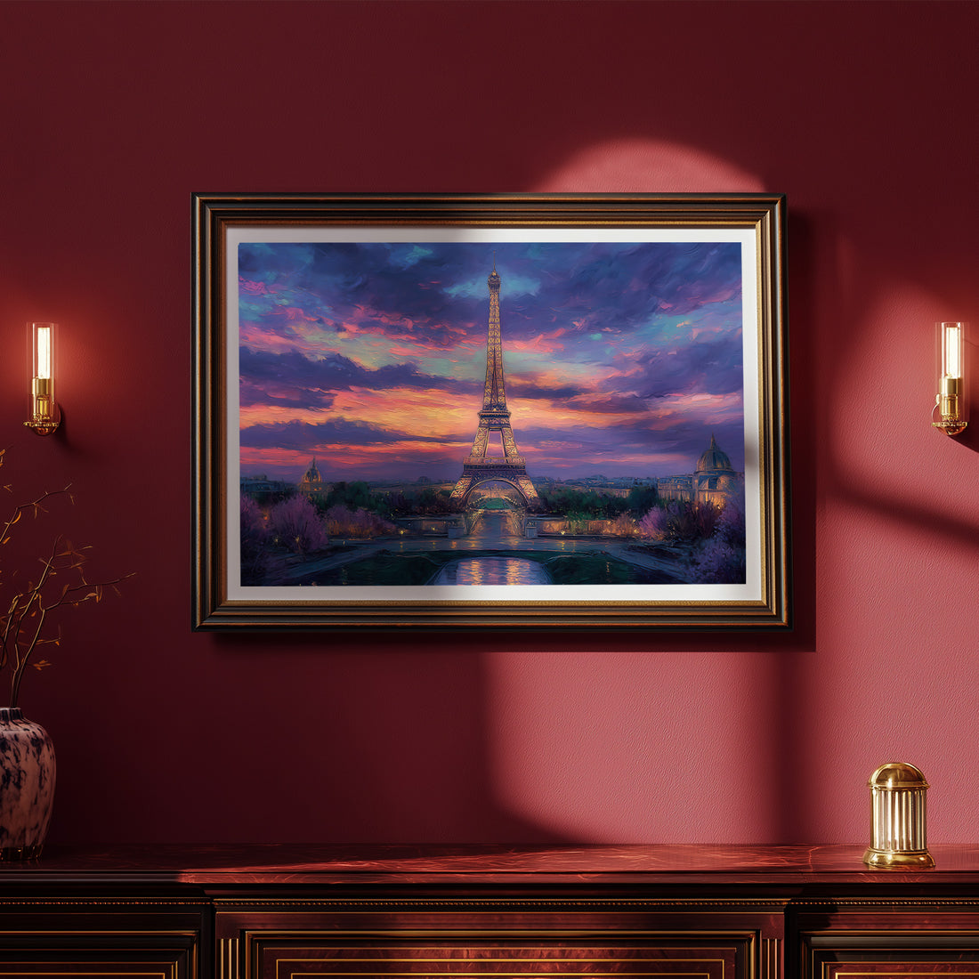 Romantic Eiffel Tower Paris Oil Painting Vibrant Sunset Sky Impressionist Cityscape Wall Art