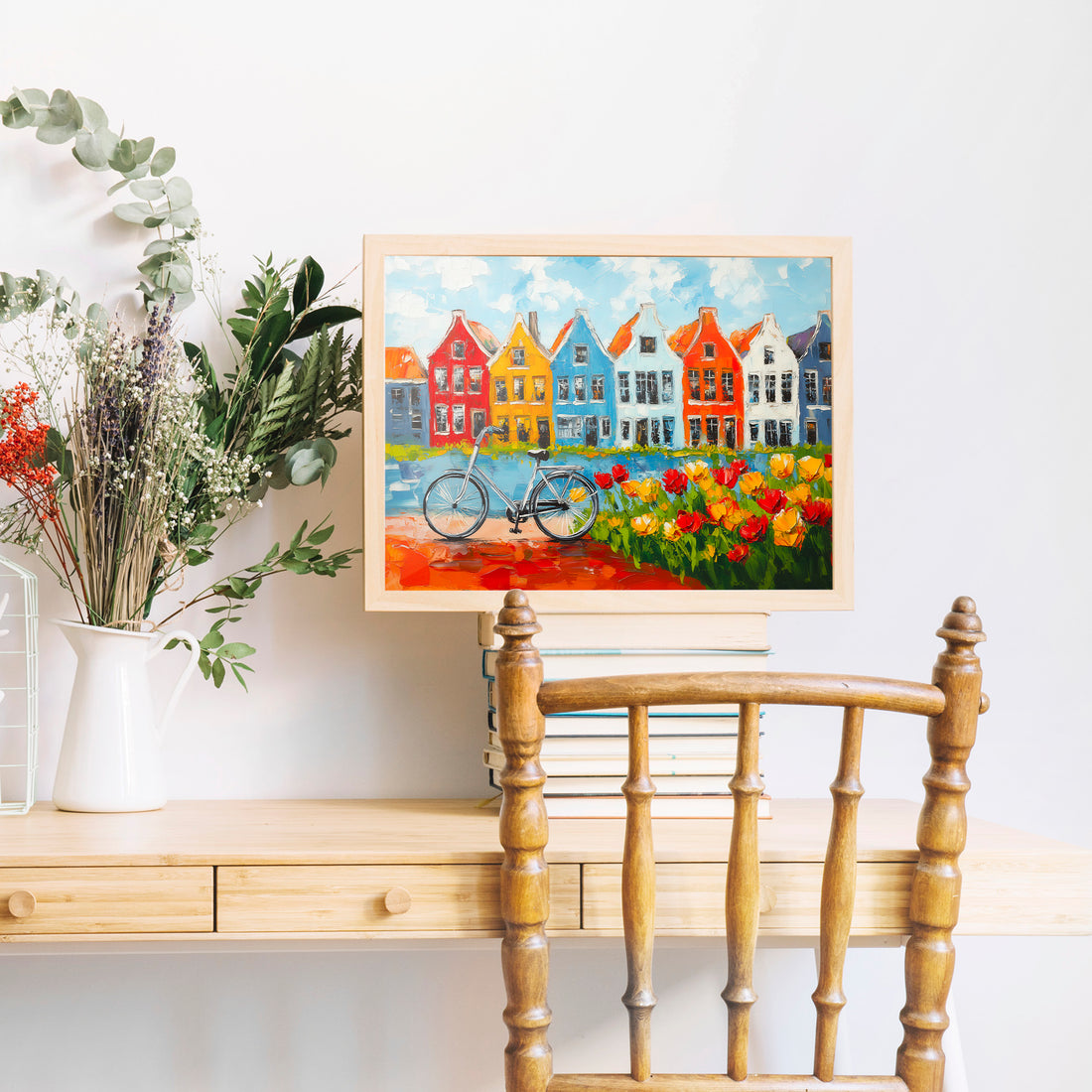 Colorful Amsterdam Canal Houses Oil Painting With Bicycle And Tulip Garden Wall Art