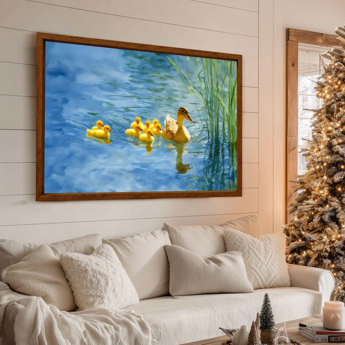 Mother Duck And Adorable Yellow Ducklings Swimming In Serene Blue Lake Nature Wall Art