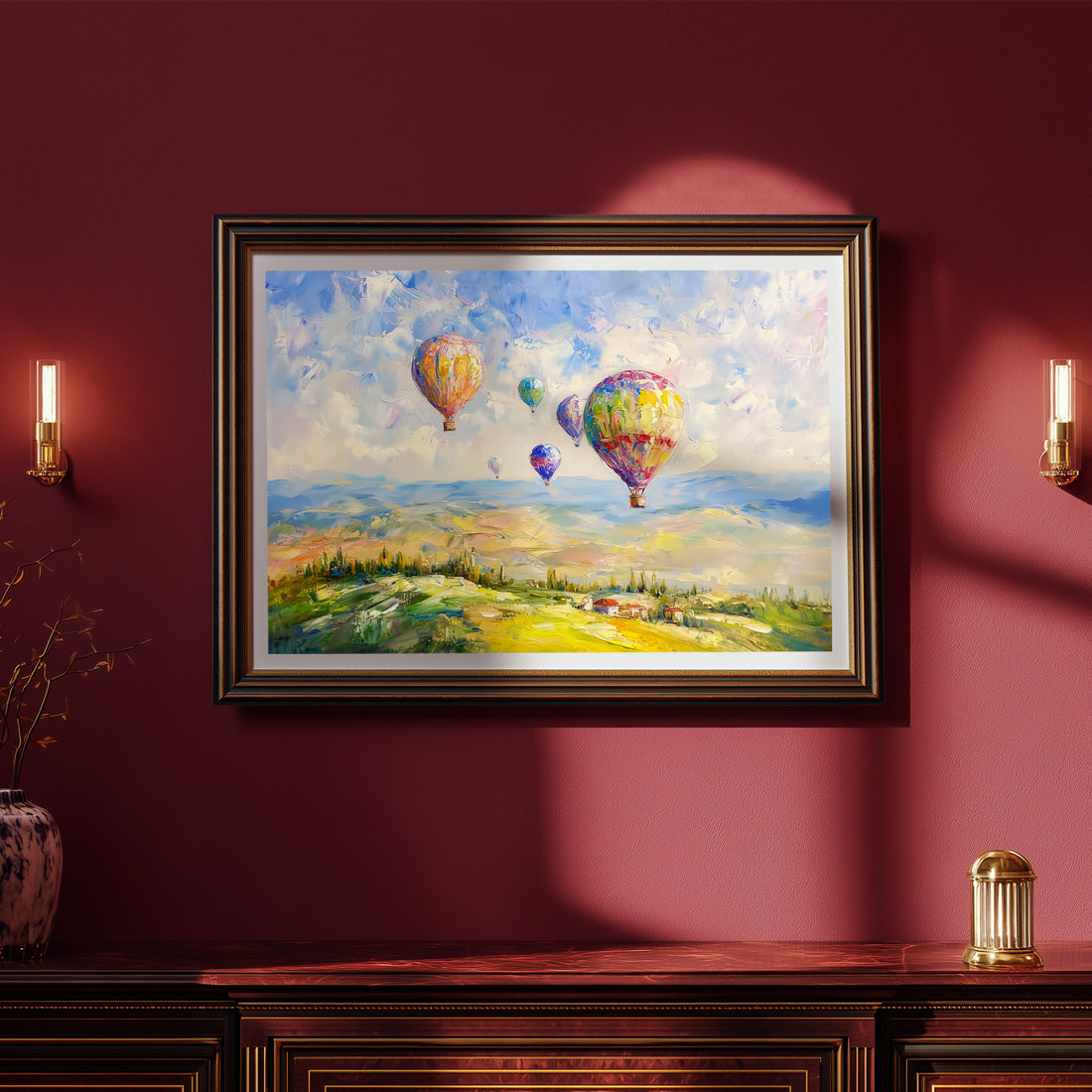 Colorful Hot Air Balloons Flying Over Rolling Hills Landscape Impasto Oil Painting Art