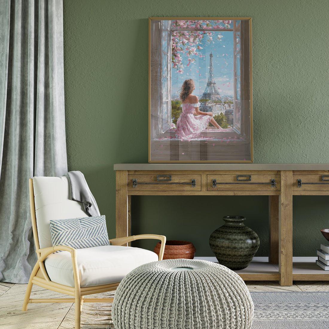 Romantic Paris Window View With Girl In Pink Dress, Eiffel Tower Spring Art Print, Dreamy Floral Parisian