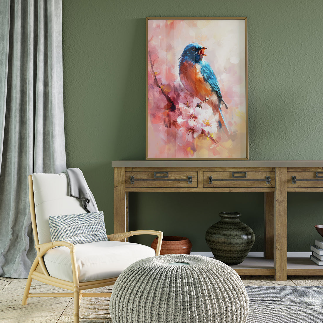 Colorful Bluebird On Cherry Blossoms, Vibrant Spring Bird Art Print, Watercolor Impressionist Wall Decor