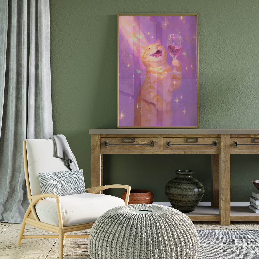 Whimsical Laughing Cat With Wine Glass, Magical Sparkle Art Print, Playful Fantasy Cat, Vibrant Purple