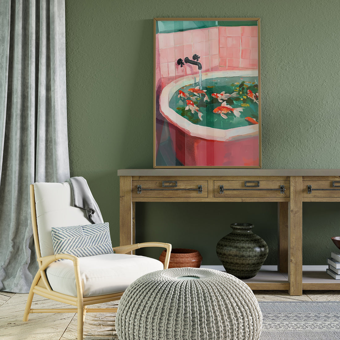 Vibrant Koi Fish Swimming Gracefully In A Retro Pink Bathtub Surrounded By Lush Green Leaves And Soft Artistic Brushstrokes