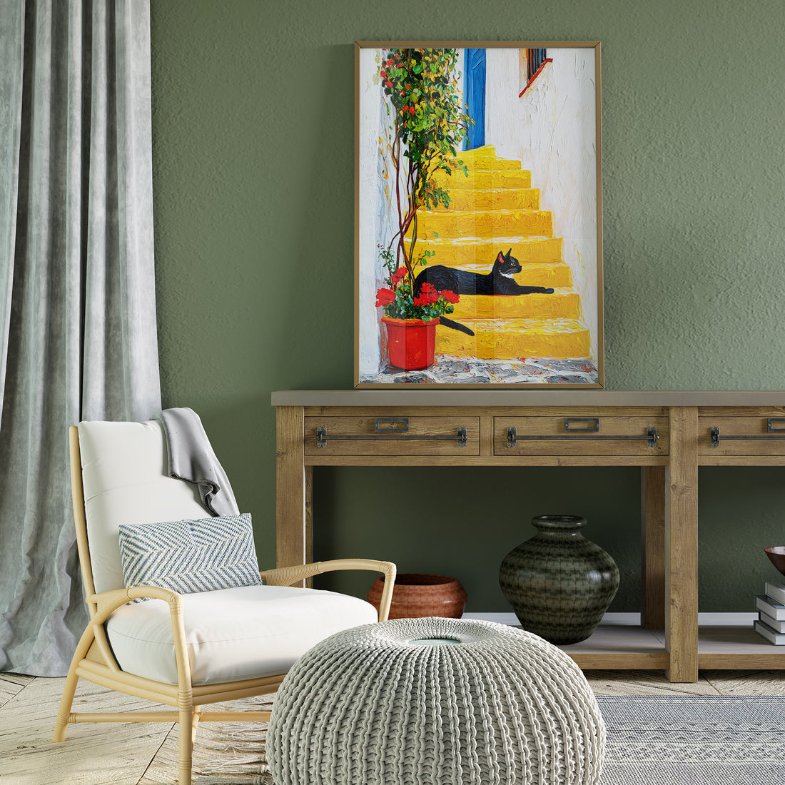 Black Cat Resting On Bright Yellow Mediterranean Steps With Vibrant Flowers And Sunlit Textures In A Peaceful Artistic Summer Scene