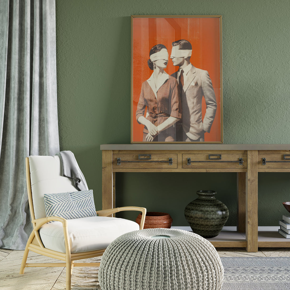 Blindfolded Vintage Couple Standing Together Against Bold Orange Backdrop In Retro Artwork Filled With Mystery, Elegance, And Timeless Style