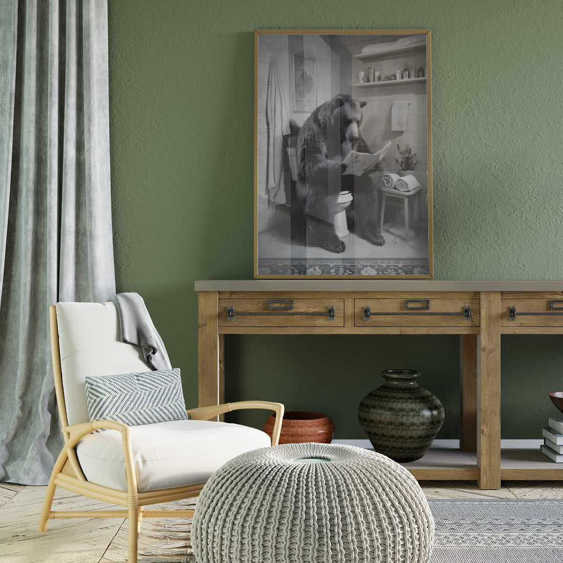 Majestic Bathroom Moment Of A Bear Reading A Newspaper In A Serene Monochrome Setting With Soft Lighting And Detailed Realistic Texture