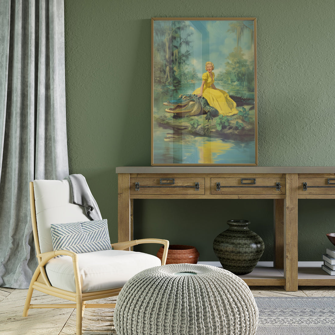 Vintage Pin-Up Art: Blonde Woman In Bright Yellow Dress Posing Fearlessly On A Large Alligator In A Misty Bayou Swamp