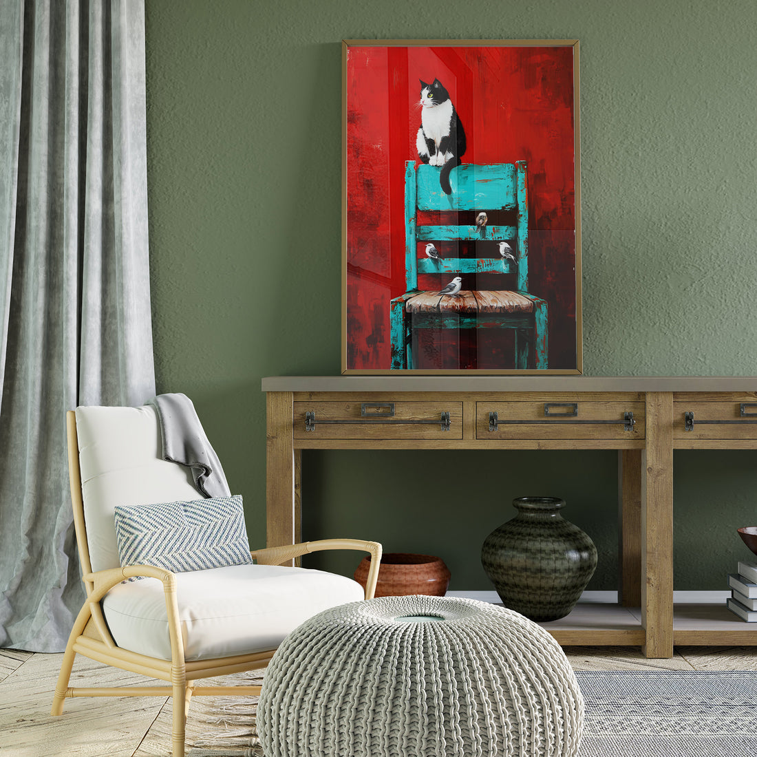 Striking Black And White Cat Sitting On A Textured Teal Chair Against A Bold, Expressive Red Background Pop Art Style