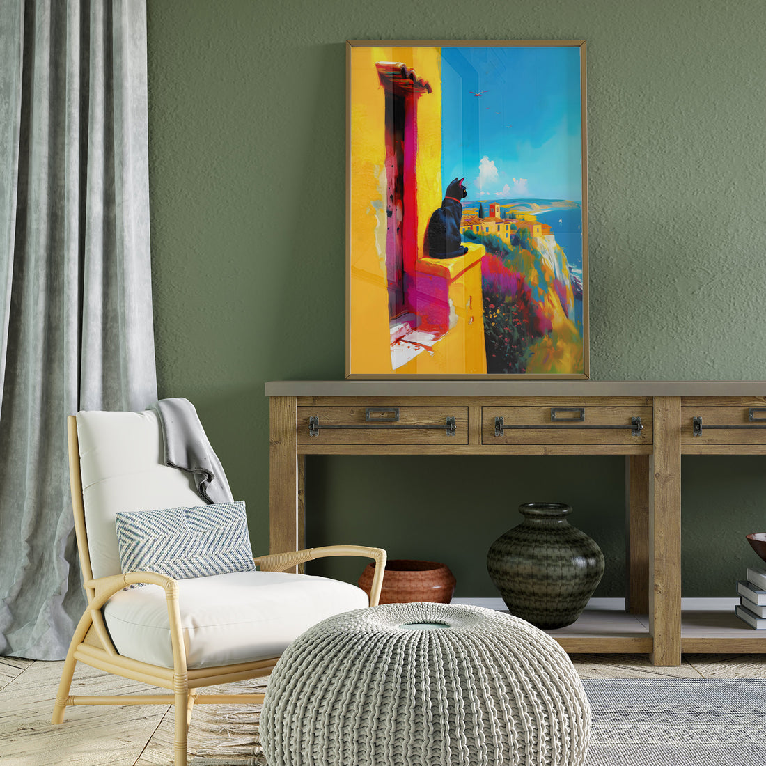 Vibrant Mediterranean Seascape Painting With Black Cat On A Yellow Balcony Overlooking Colorful Coastal Town