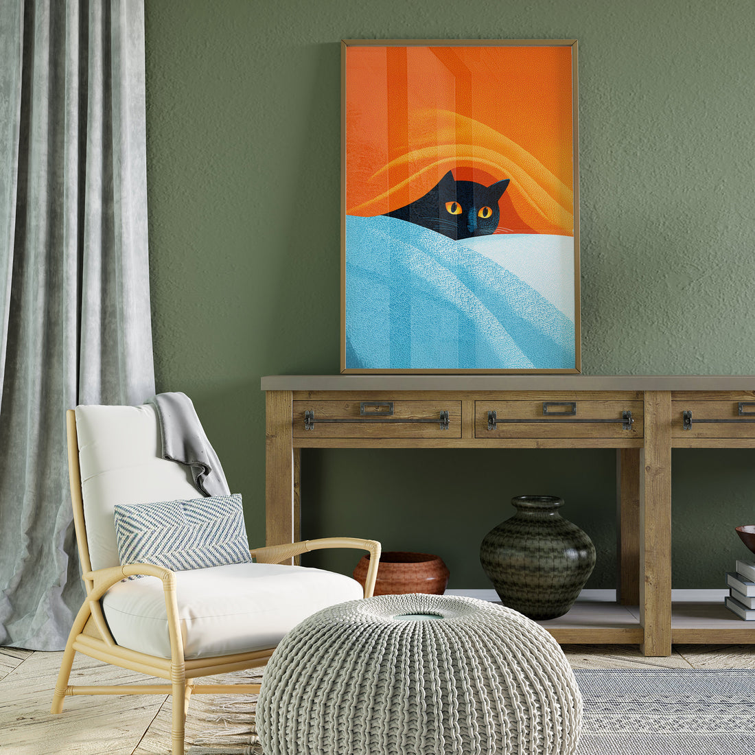 Striking Black Cat With Bright Yellow Eyes Peeking From Under A Textured Blue Blanket Against A Bold Orange Backdrop