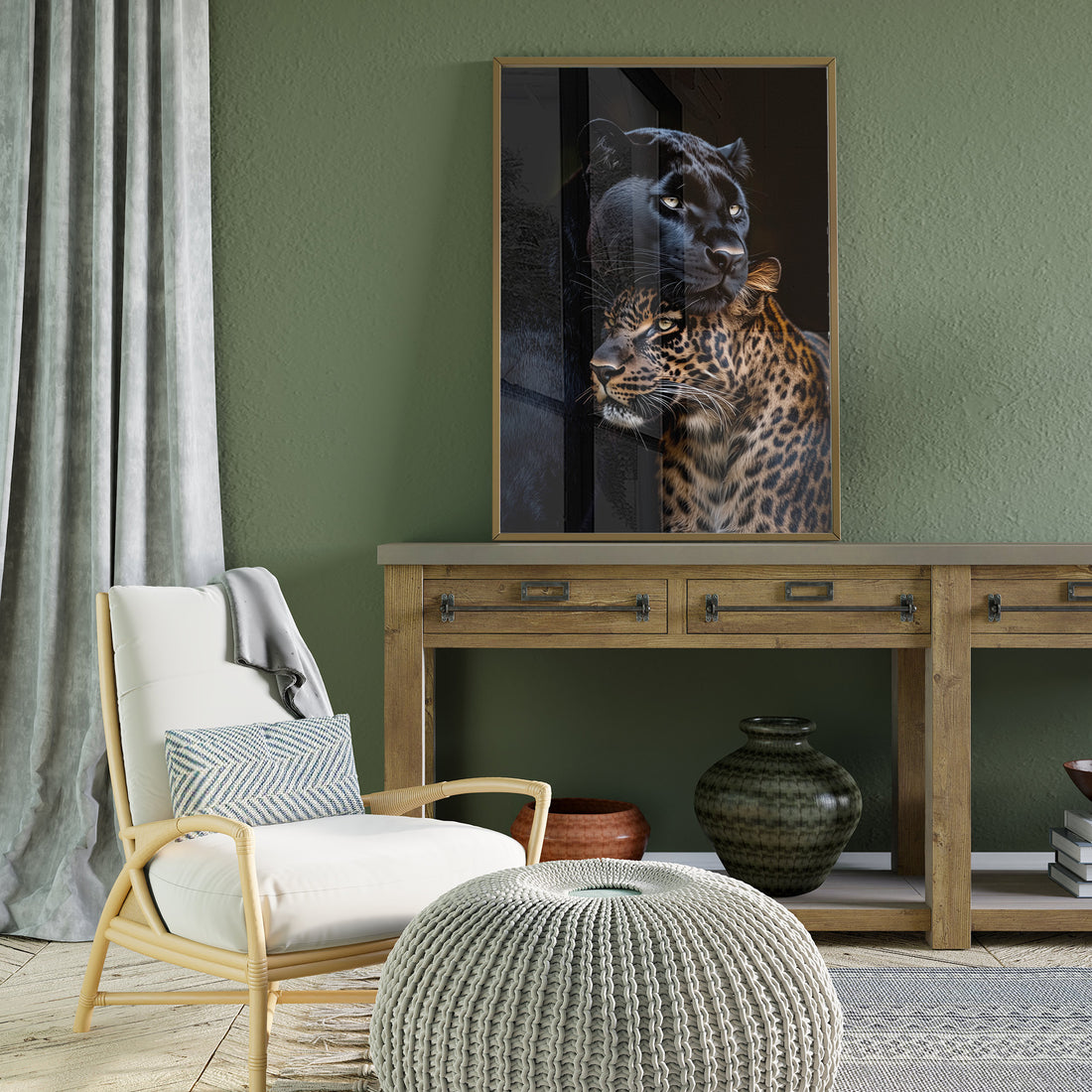 Striking Portrait Of Black Panther And Leopard Couple Embracing With Intense Yellow Eyes Against A Dark Background