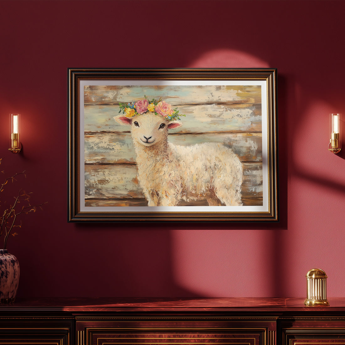 Charming Rustic Farmhouse Lamb Art Featuring A Sweet Floral Crown And Soft Pastel Brushstrokes For Cozy Nursery, Cottage, And Country Decor