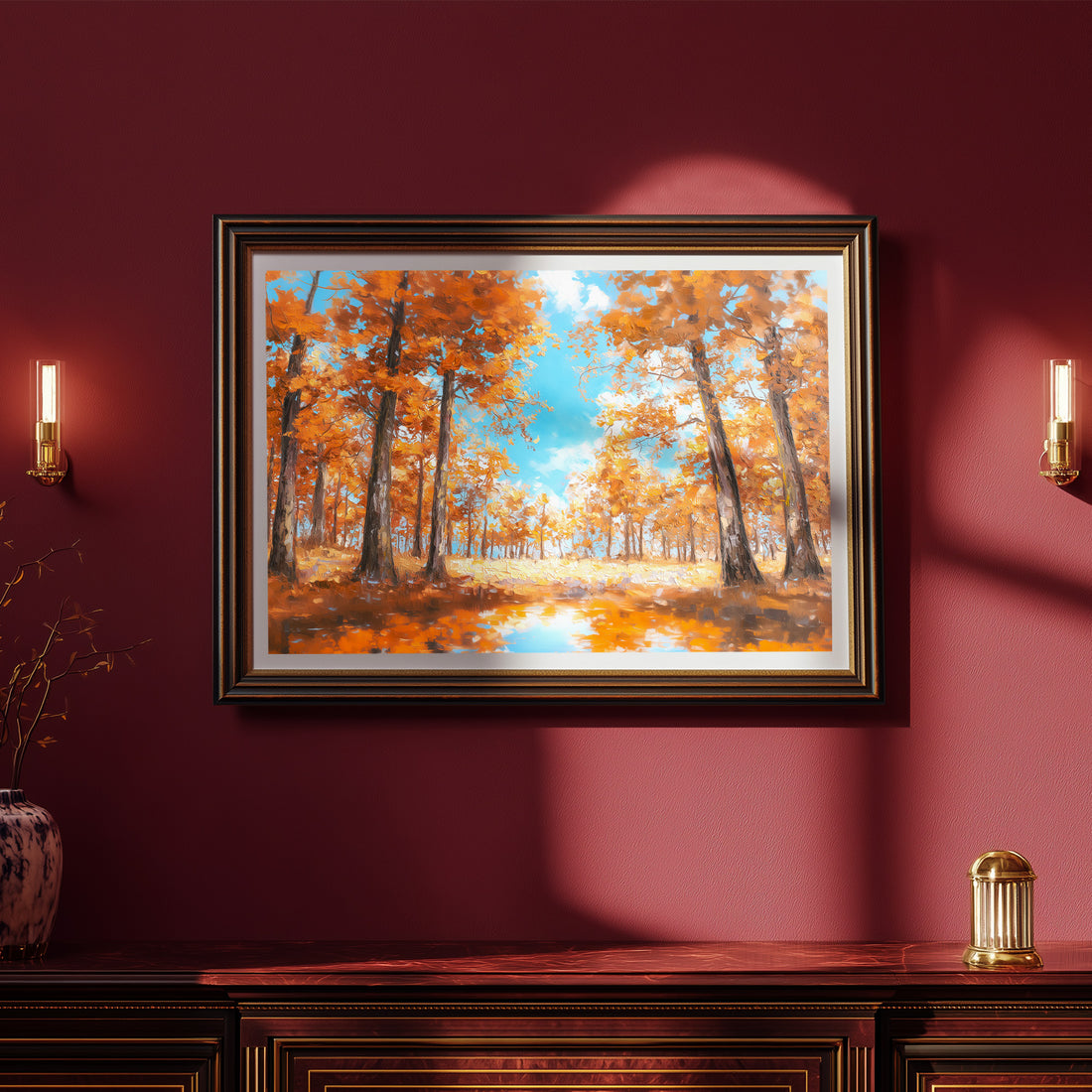Expressive Oil Painting Of Autumn Forest With Intense Orange And Gold Foliage Under A Bright, Clear Blue Sky