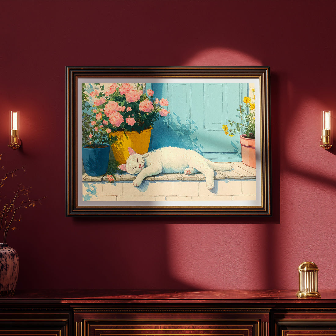 Charming Watercolor Painting Of A White Cat Sleeping Soundly By Pink Roses And Yellow Pots On A Sunny Porch