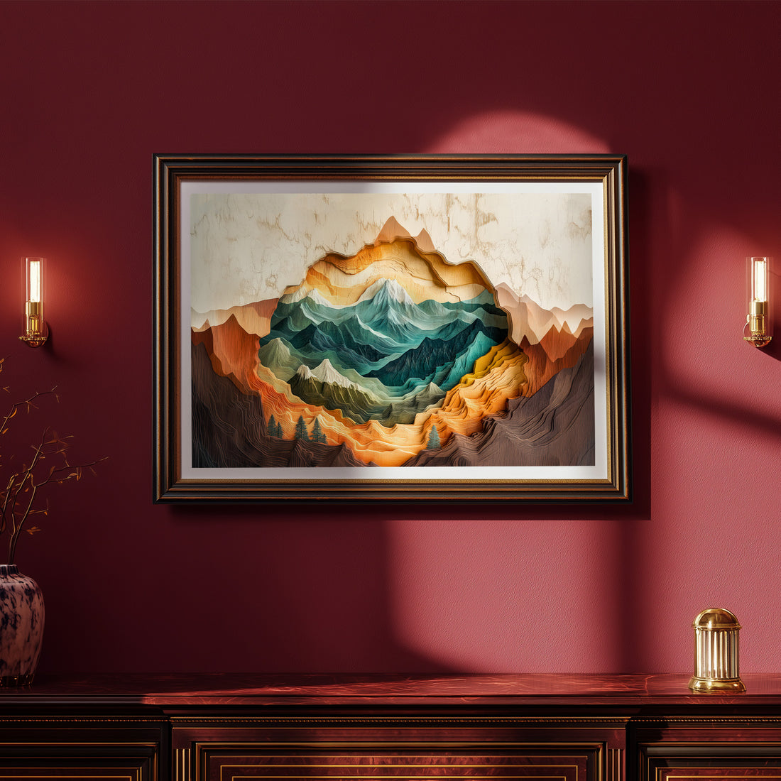 Stunning Abstract 3D Layered Mountain Landscape Painting In Deep Blue Tones With A Bold Central Gold Leaf Embellishment