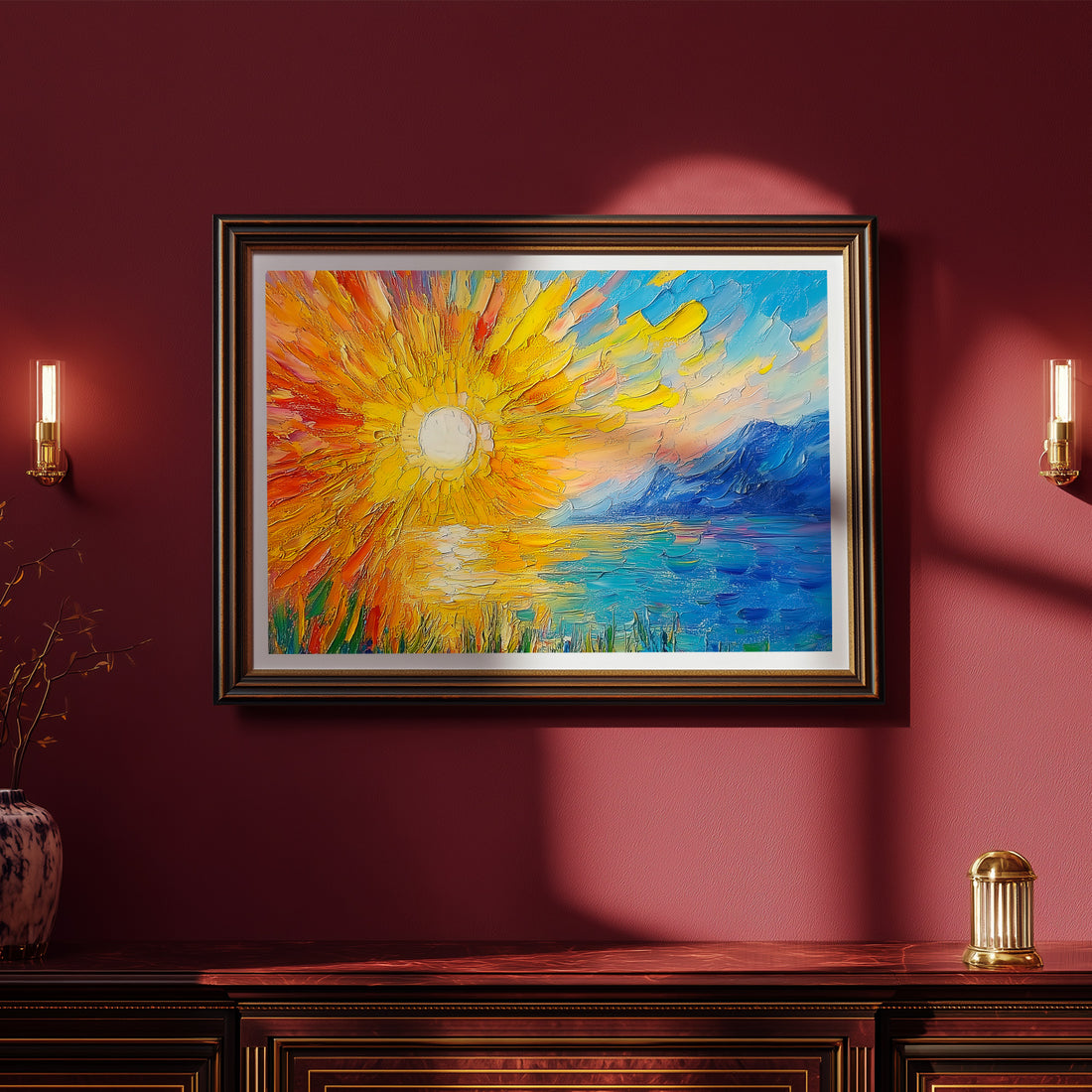 Thick Impasto Oil Painting Of A Vibrant Sunrise Over The Ocean With Textured Yellow Sun And Cool Blue Mountains, Love Sun, Sunlight Lover