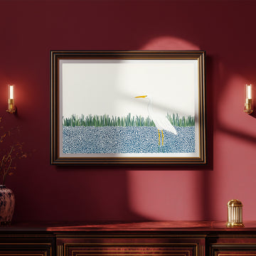 Elegant Minimalist Painting Of A Great White Egret Standing On Stylized Abstract Blue Bubbles And Simple Green Reeds